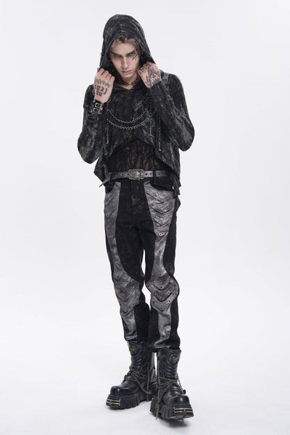 Ebony Long-Sleeve Hooded Sheer Ripped Faux Two-Piece Zip Eyelet Punk Tee