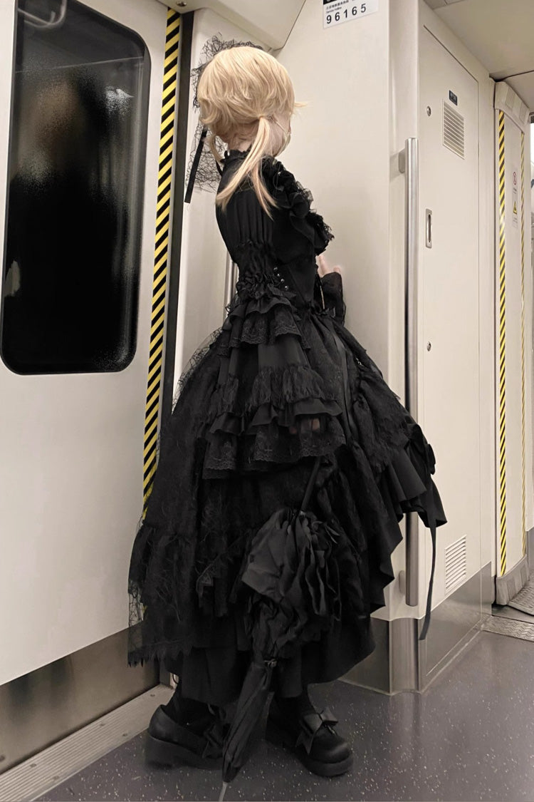 Gothic Lolita Skirt Dress Set with Long Hime Sleeves and Bow in Black
