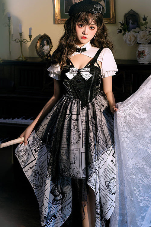 Classic Lolita Dress with Vintage Print, Irregular Hem and Faux Two-Piece Look