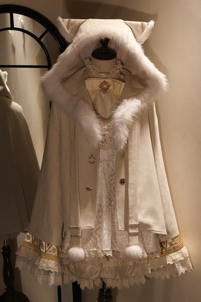 Hooded Sweet Lolita Cloak Coat with Cat Ears & Magical Charm in Cream