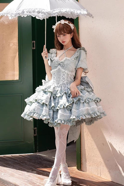Square Collar Short Sleeve Triple-Layered Ruffle Bowknot Sweet Lolita Dress in Mint