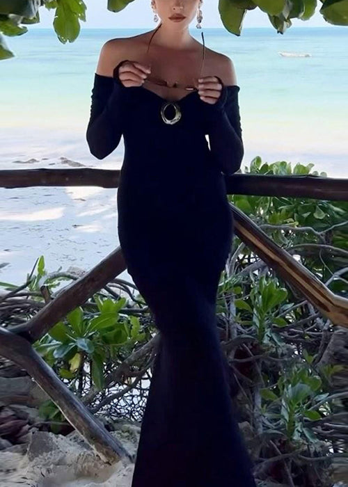 Waist Back Solid Dress Side Black Open High Spring Cotton Long