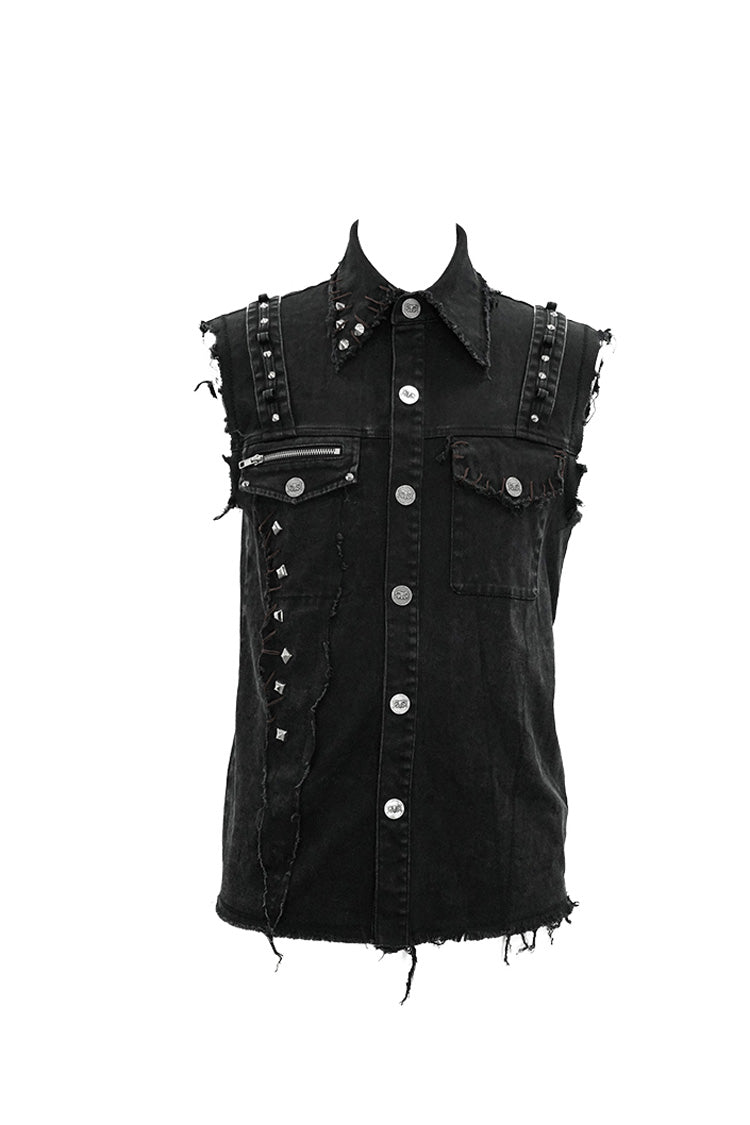 Men's Punk Waistcoat with Faded Finish, Bullet Clip and Rivet Details