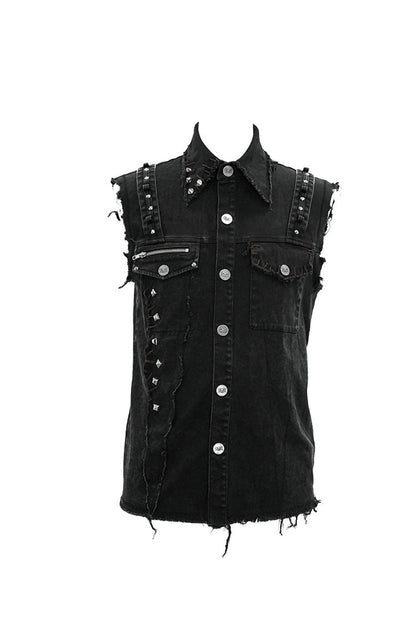 Men's Punk Waistcoat with Faded Finish, Bullet Clip and Rivet Details