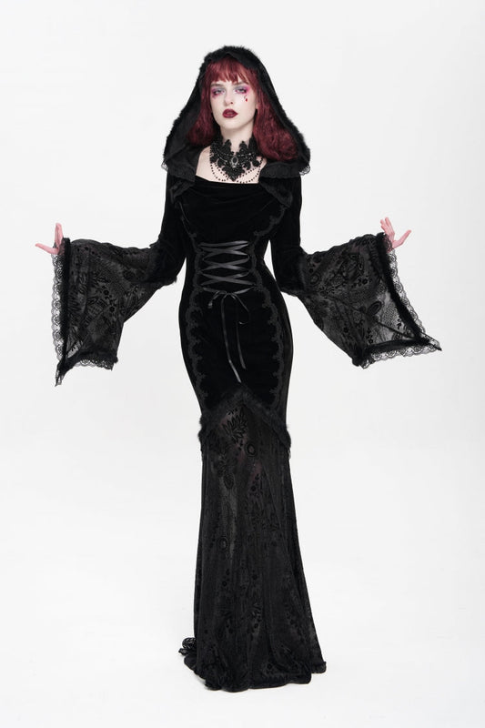 Ebony Flared-Sleeve Embroidered Lace Hooded Sheer Gothic Dress