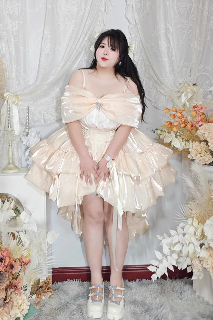Plus Size Sweet Lolita Gown with Off-Shoulder Double-Layer Ruffles & Bow