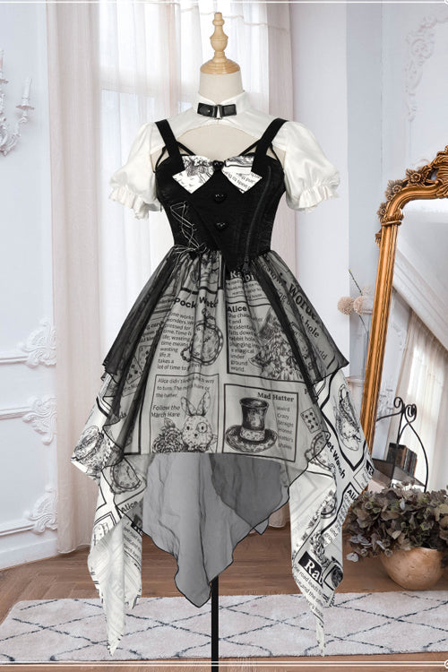 Classic Lolita Dress with Vintage Print, Irregular Hem and Faux Two-Piece Look