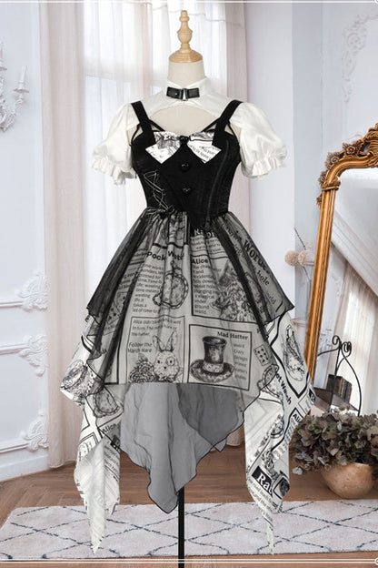 Classic Lolita Dress with Vintage Print, Irregular Hem and Faux Two-Piece Look