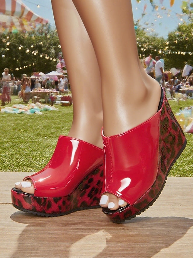 Red Wedge Patent Sandals Peep Leopard Toe Leather Women's -