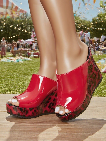 Red Wedge Patent Sandals Peep Leopard Toe Leather Women's -