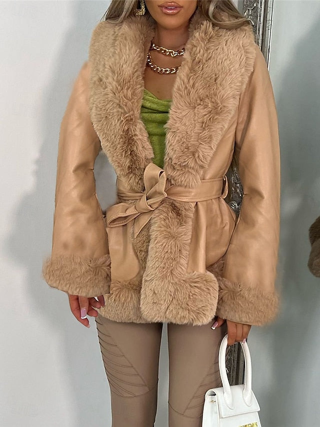 Women's Warm Breathable Faux Leather Jacket Fur Collar