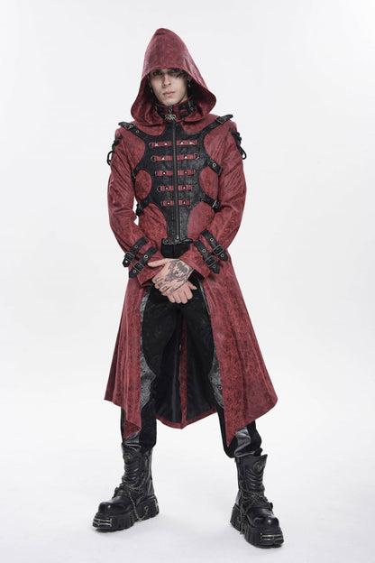 Crimson High-Neck Punk Hooded Jacket with Prints, Studs, and Zippers