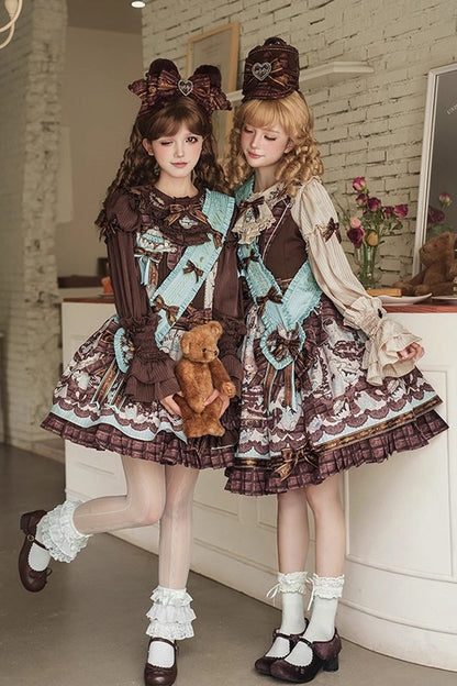 Teddy Bear Chocolate Ruffle Bow Sweet Lolita JSK Dress - Sleeveless Print