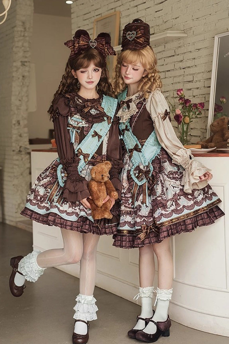 Teddy Bear Chocolate Asymmetric Lolita Strap Dress with Bow - Sleeveless