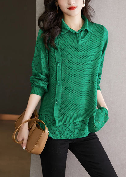 Pull en tricot patchwork en dentelle à col Peter Pan vert style automne WD026 