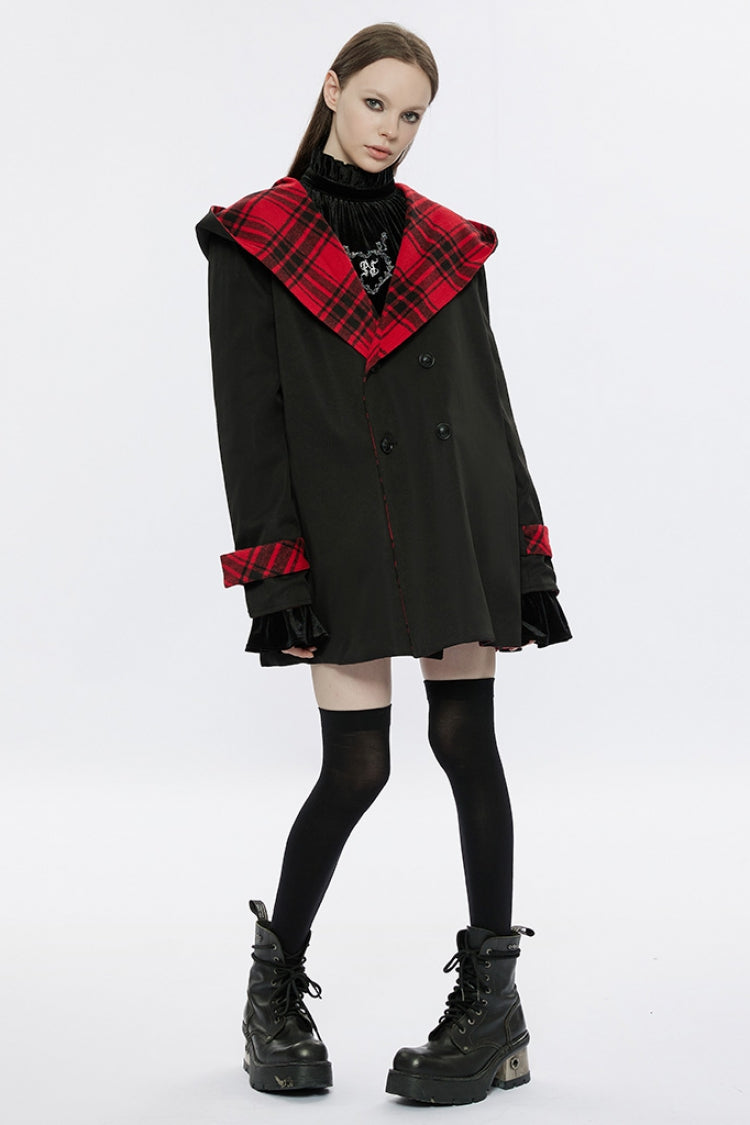 Crimson & Charcoal Tartan Hooded Punk Campus Jacket