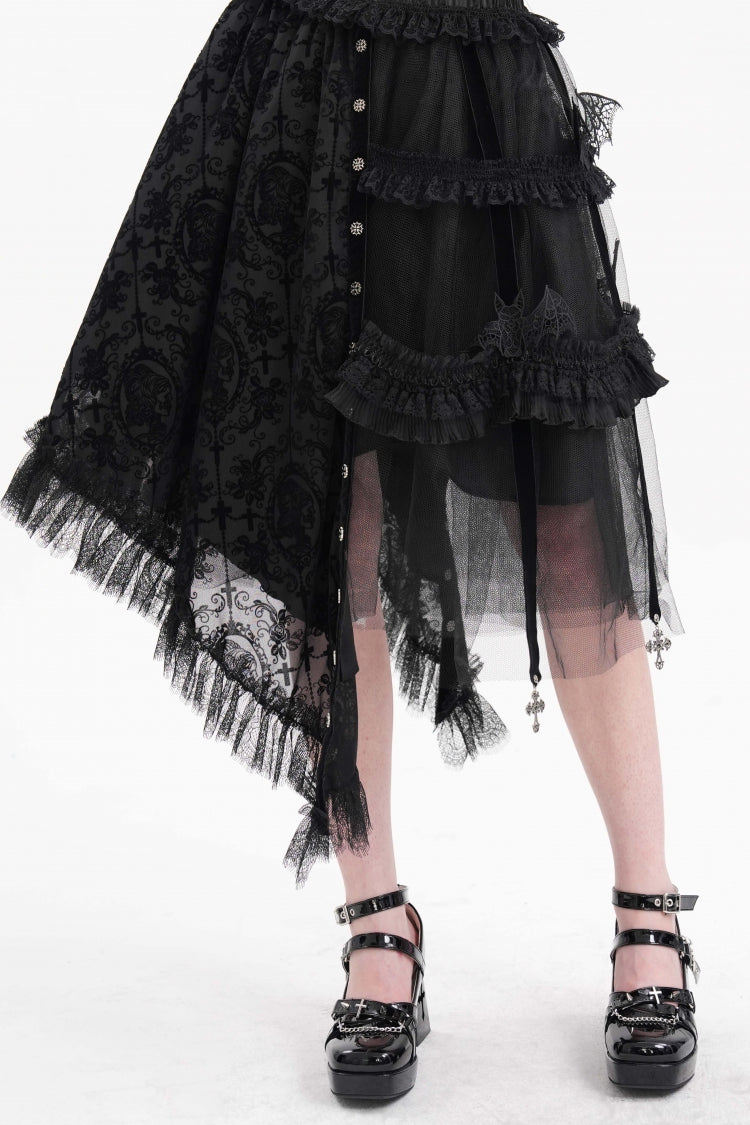 Gothic Luxurious Asymmetric Pleated Skirt with Black Jacquard Cut-Out Lace