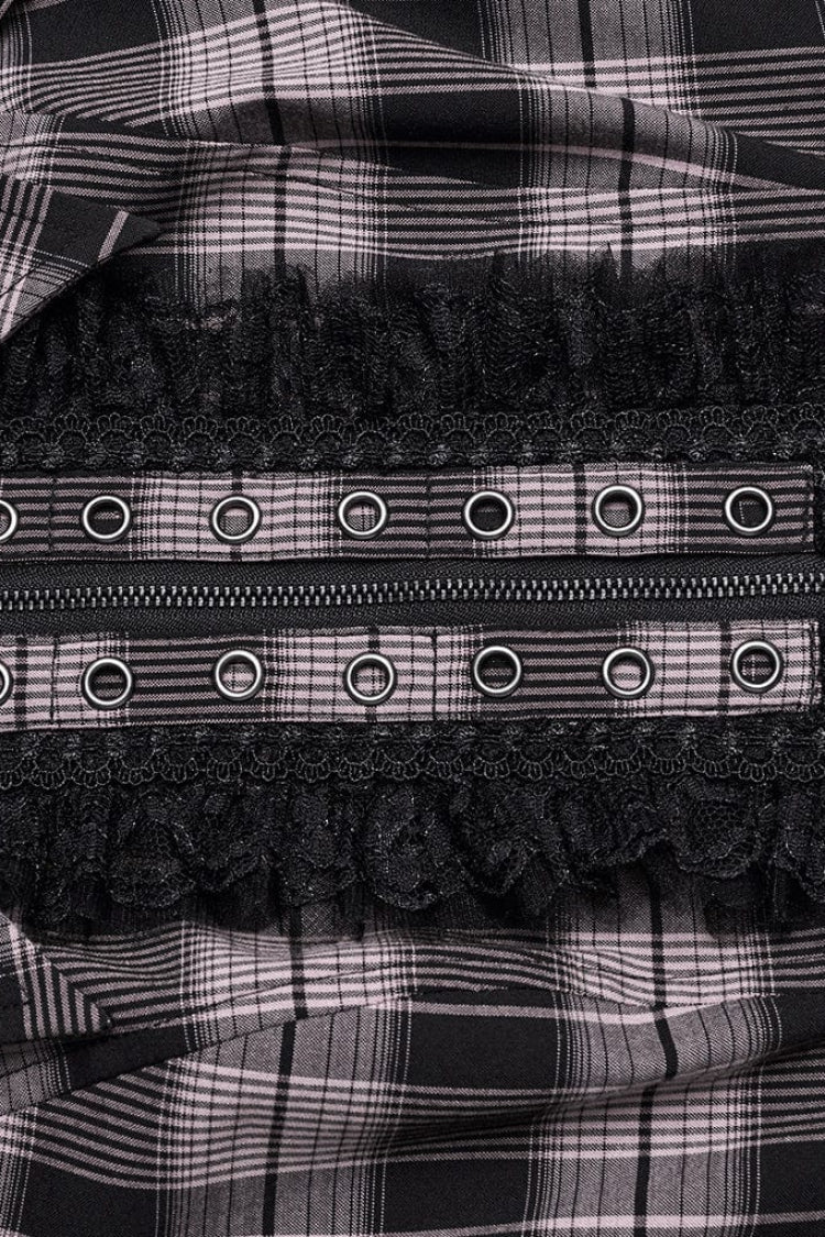 Steampunk Hollow-Lace Plaid Blouse with Short Sleeves in Two Shades - VictorianRose