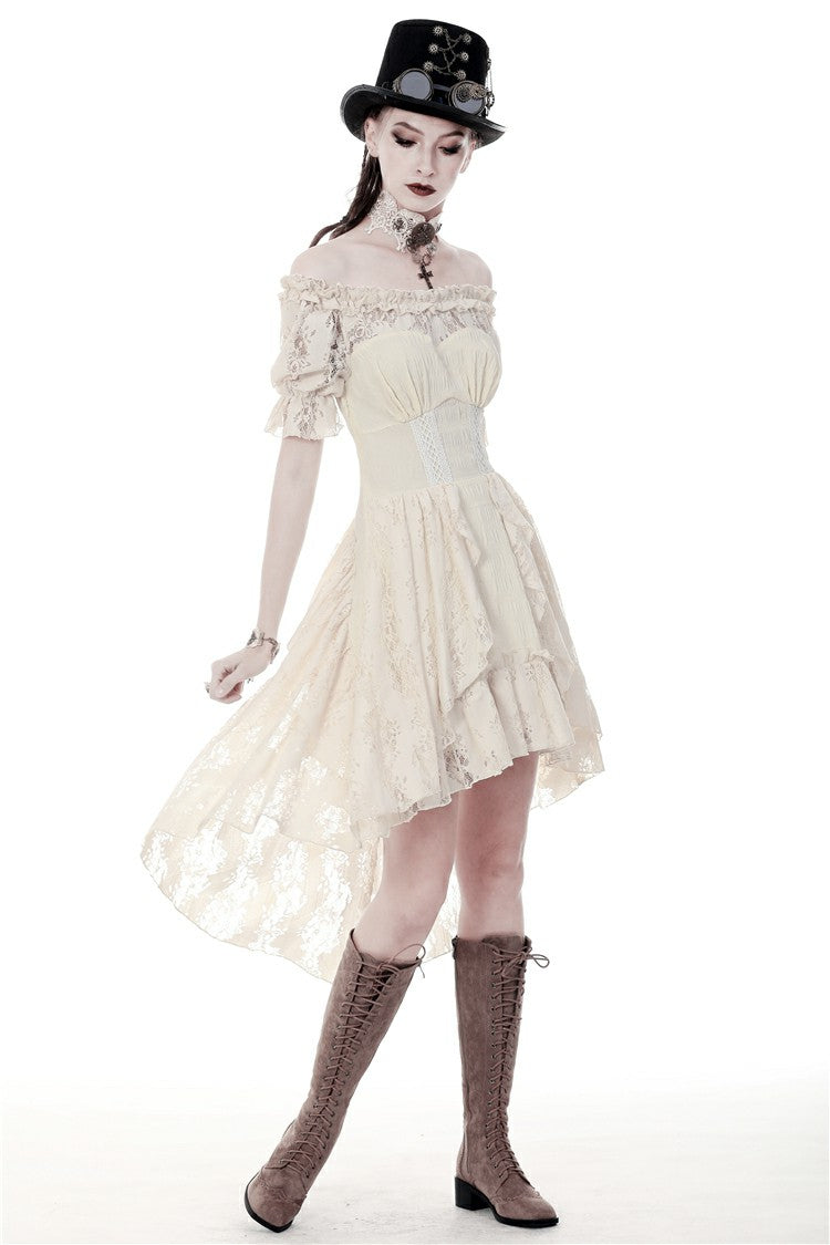 Steampunk Vintage Gorgeous Graduation Gown with Off-Shoulder Ruffles & Ruched Sleeves