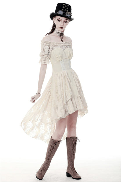 Steampunk Vintage Gorgeous Graduation Gown with Off-Shoulder Ruffles & Ruched Sleeves
