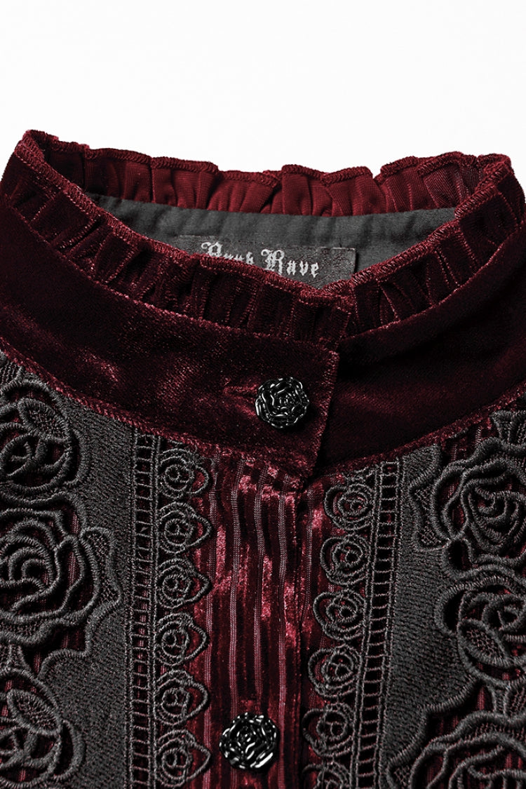 Crimson High-Neck Gothic Floral Lace-Up Blouse with Puffed Sleeves