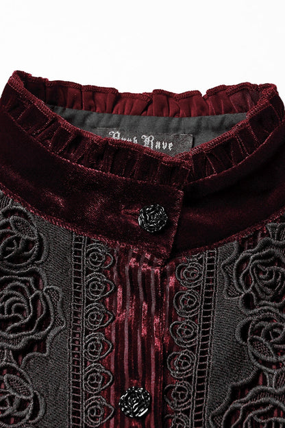 Crimson High-Neck Gothic Floral Lace-Up Blouse with Puffed Sleeves
