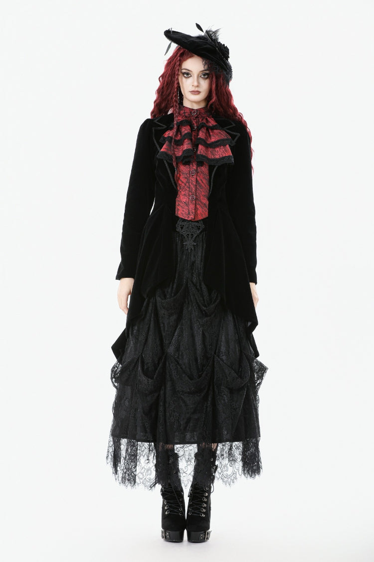 Crimson & Charcoal Peak Lapel Long Sleeve Layered Lace Mock Two-Piece Goth Tailcoat