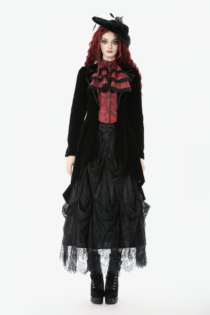 Crimson & Charcoal Peak Lapel Long Sleeve Layered Lace Mock Two-Piece Goth Tailcoat