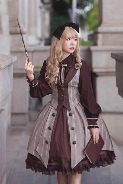 Witch's Notes Ruffle Cardigan Classic Lolita Skirt - Brown Grey