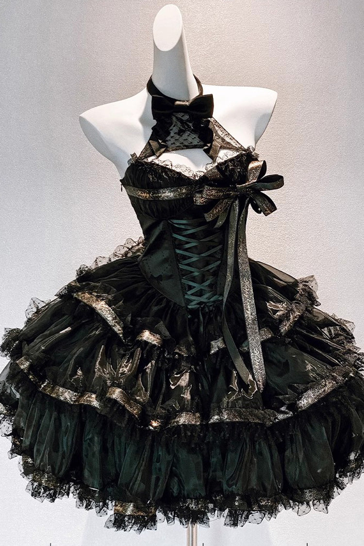 Gothic Princess Dress with Halterneck and Triple Ruffle Lace in Black