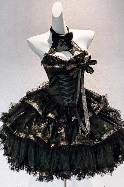 Gothic Princess Dress with Halterneck and Triple Ruffle Lace in Black
