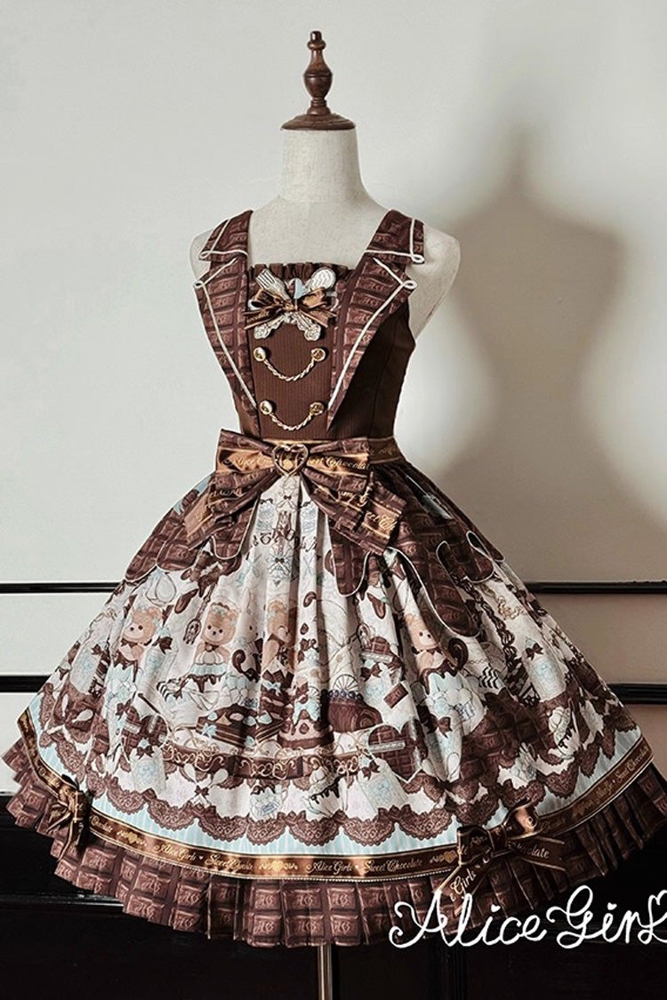 Teddy Bear Chocolate Ruffle Bow Sweet Lolita JSK Dress - Sleeveless Print