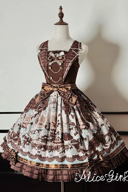 Teddy Bear Chocolate Ruffle Bow Sweet Lolita JSK Dress - Sleeveless Print