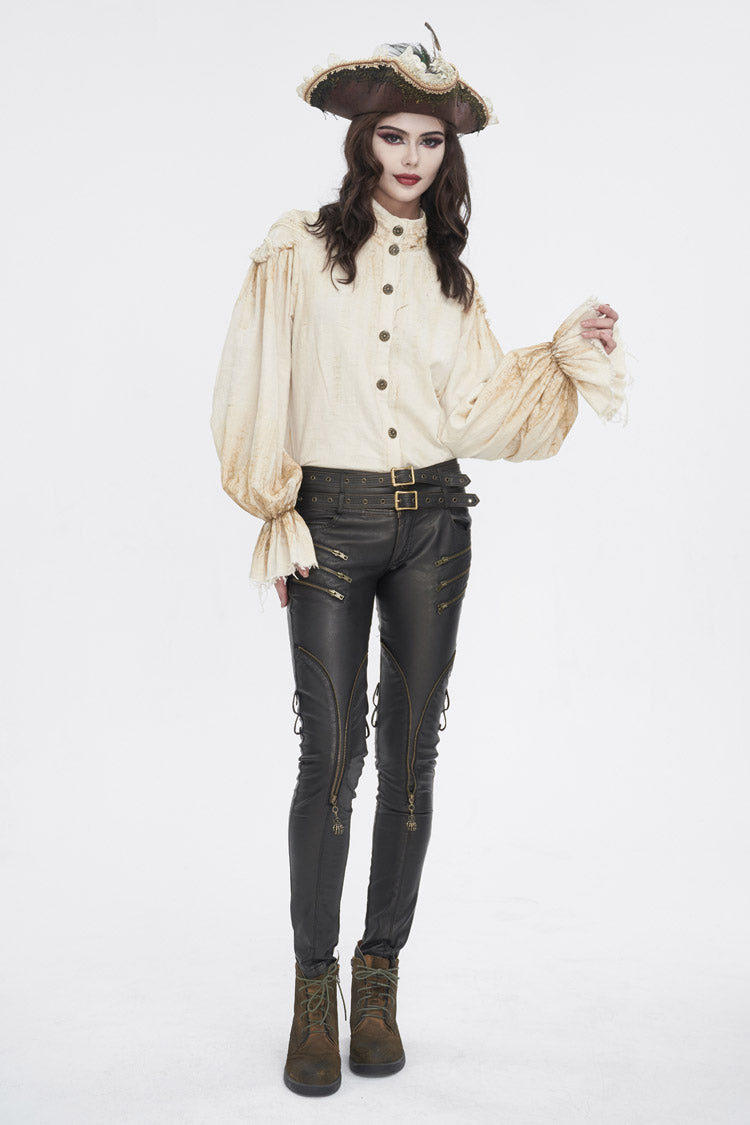 Punk Women's Blouse with Lantern Sleeves, Stand Collar & Printed Lace