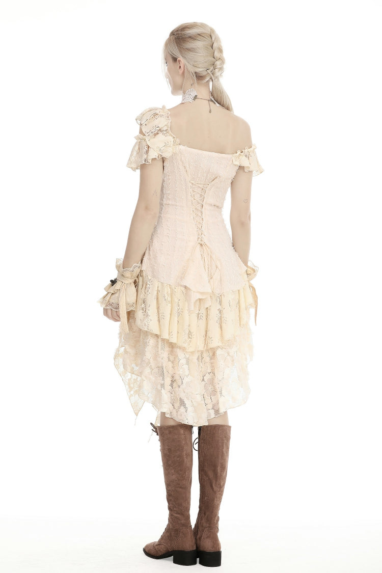 Steampunk Vintage Women's Dress with Irregular Ruffled Lace Layers, Cream