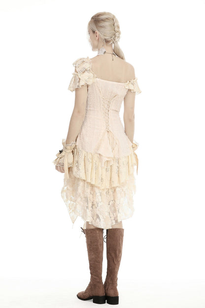 Steampunk Vintage Women's Dress with Irregular Ruffled Lace Layers, Cream