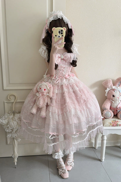 Blush Sleeveless Ruffled Lace-Up JSK with Bow