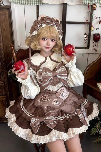 Hot Cocoa Bear Print Ruffle Lace Sweet Lolita Jumper Dress