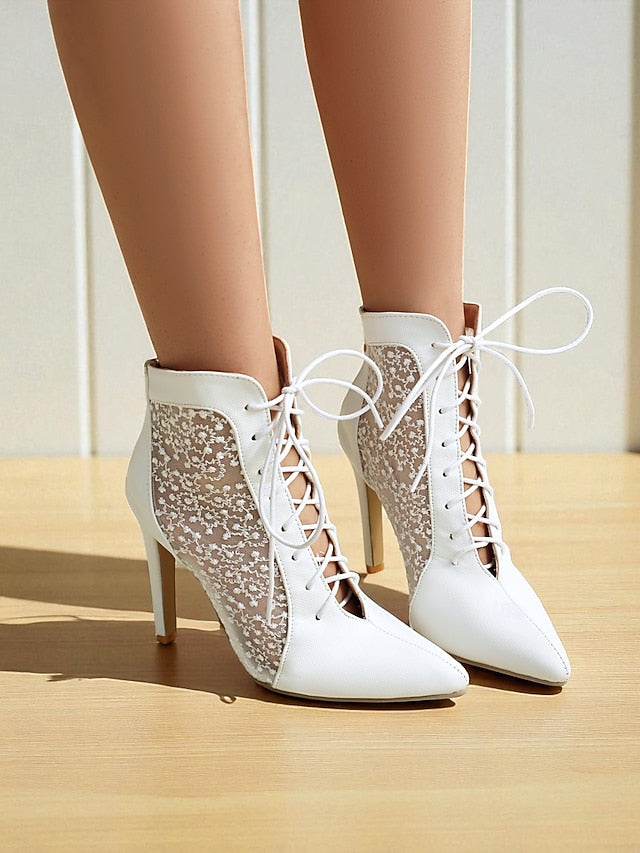 Stiletto Heels White Lace Mesh with Women's Ankle Booties