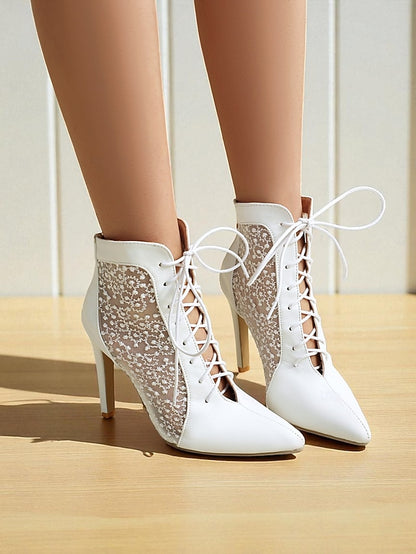 Stiletto Heels White Lace Mesh with Women's Ankle Booties