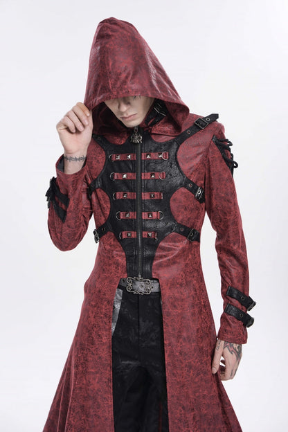 Crimson High-Neck Punk Hooded Jacket with Prints, Studs, and Zippers