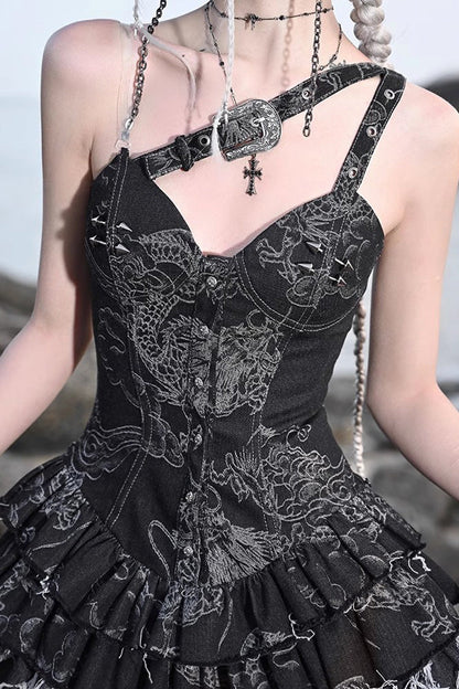 Slim Gothic JSK Dress with Dragon Pattern and Ruffle in Black