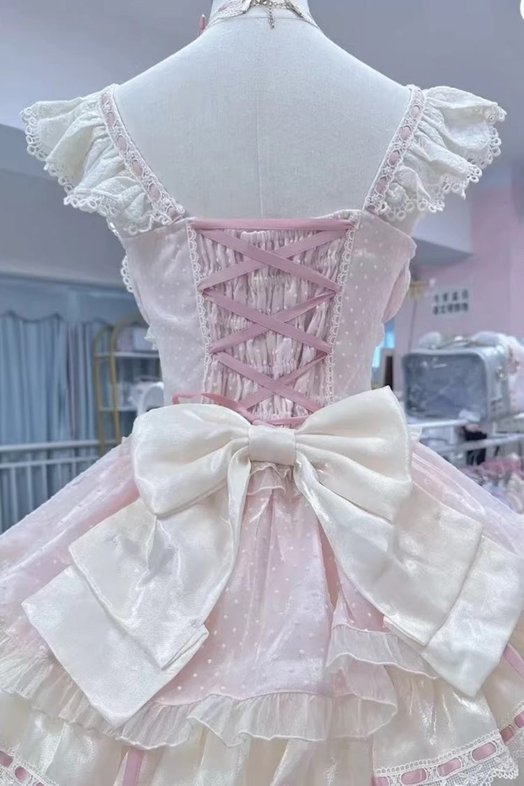 Blush Double-Layered Ruffle Bow Lace-Up Ballerina JSK - Flory Butterfly