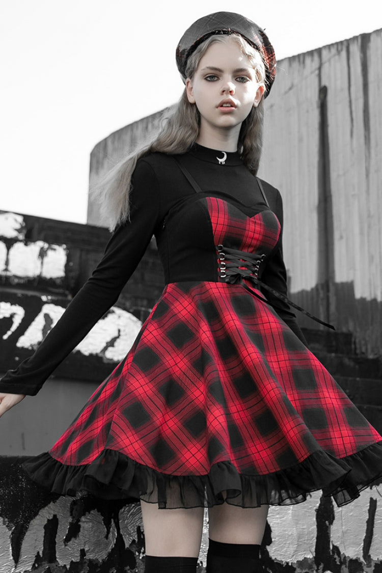 Crimson & Charcoal Tartan Ruffle Lace Punk Dress