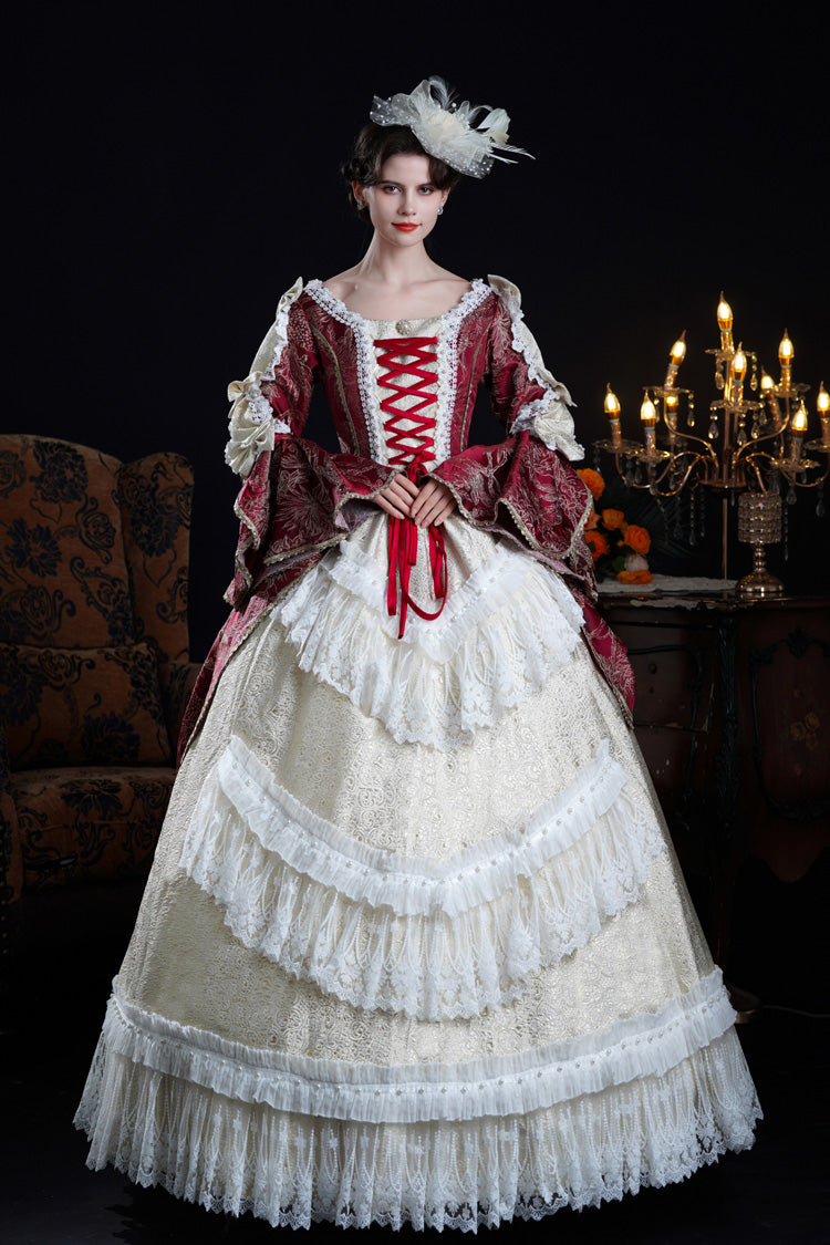 Victorian Palace Dress with Hime Sleeves and Lace-Up Front in Wine/Ivory - NostalgicElegance