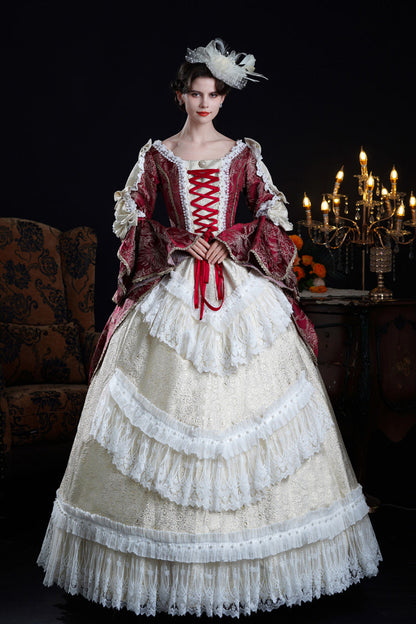 Victorian Palace Dress with Hime Sleeves and Lace-Up Front in Wine/Ivory - NostalgicElegance