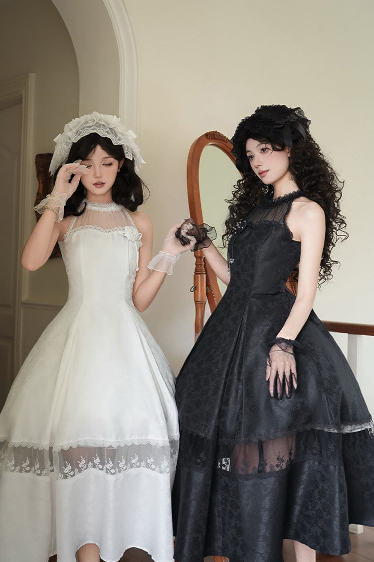 Elegant Lolita Dress with Off-Shoulder Neckline and Ruffle Print in Black