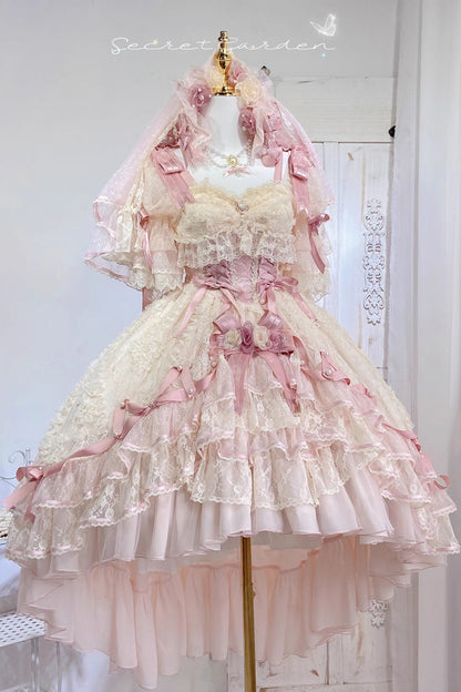 Blush Short Sleeves Jacquard Ruffled Cardigan Lace Dress
