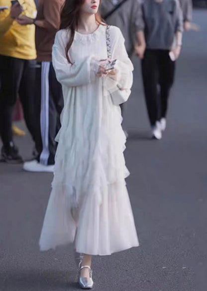 White Maxi Sleeve Solid Tulle Butterfly Dresses Elegant Patchwork