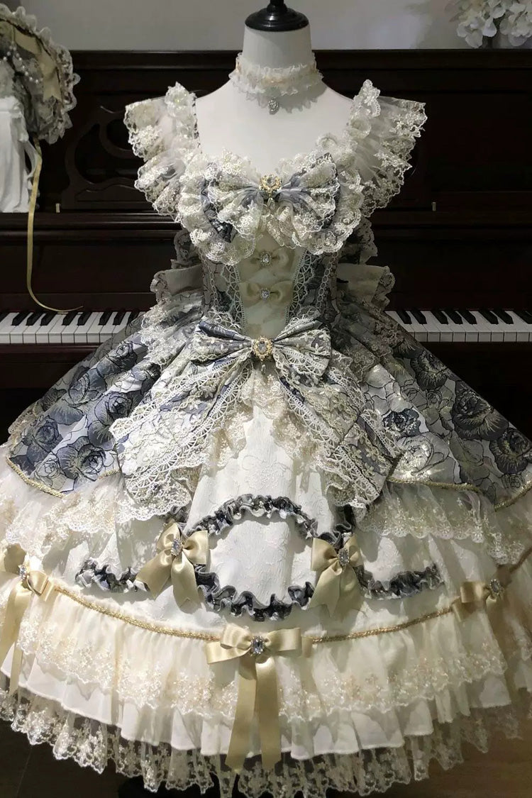 Ebony Square-Neck Printed Embroidered Bow Lace Sweet JSK - Gilded Waltz